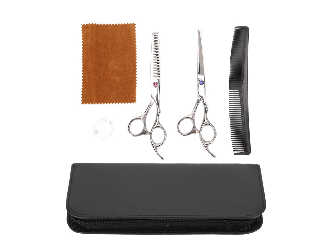 Tesoura de corte e desbaste profissional de 15 cm (6 polegadas) em aço inoxidável, modelo 2026, com strass azul e roxo.