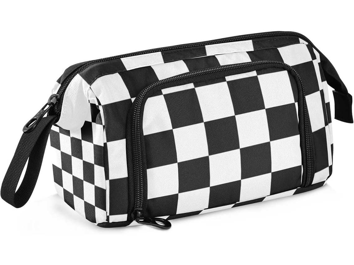 Estojo Grande Quadriculado Preto e Branco com Alça para Estudantes, Faculdade, Cartucho Lápis 24 X 9,5 15 Cm