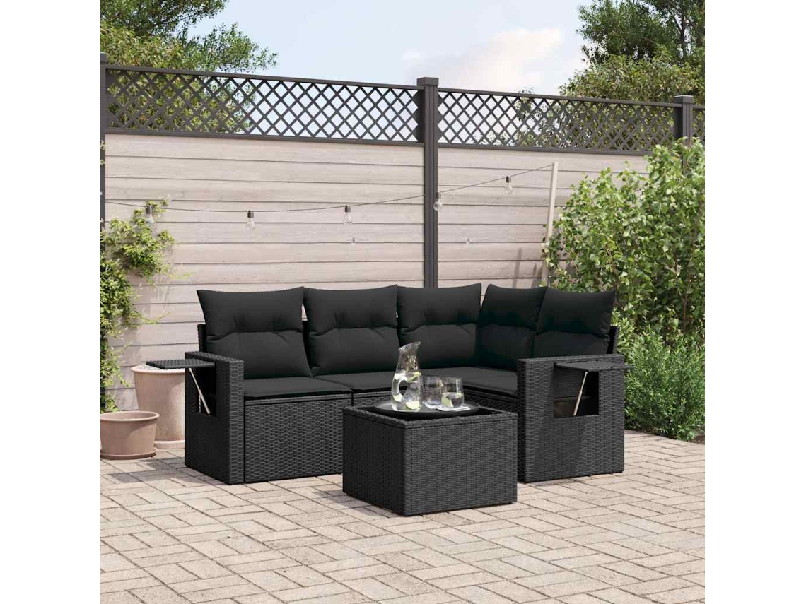 Vidaxl 5 Pcs Conjunto Sofás De Jardim Com Almofadões Vime Pe Preto