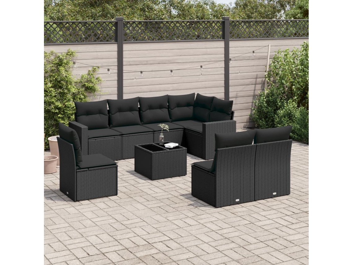 Vidaxl 9 Pcs Conjunto De Sofás P/ Jardim C/ Almofadões Vime Pe Preto