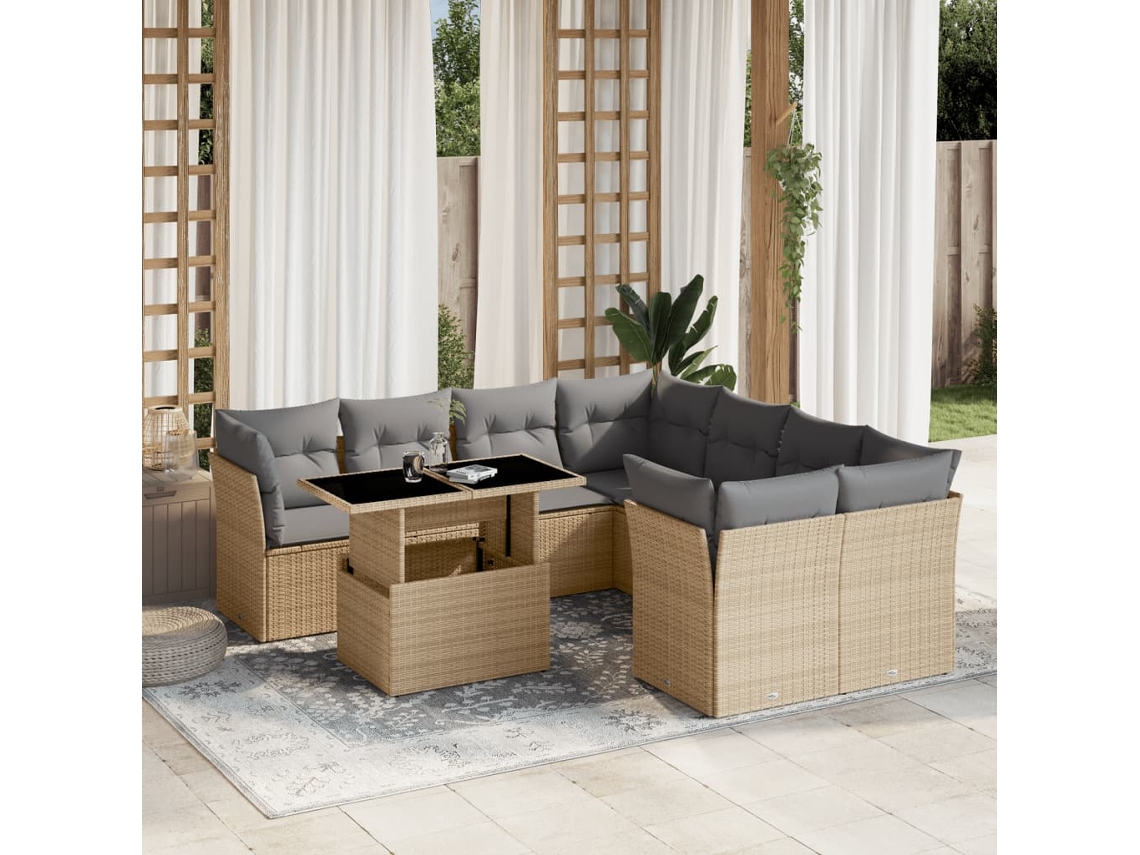 Vidaxl 9 Pcs Conjunto De Sofás P/ Jardim Com Almofadões Vime Pe Bege