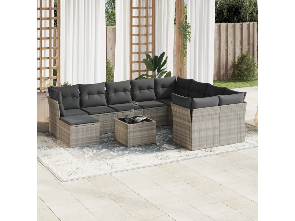 Vidaxl 11 Pcs Conjunto Sofás De Jardim C/ Almofadões Vime Pe Cinzento