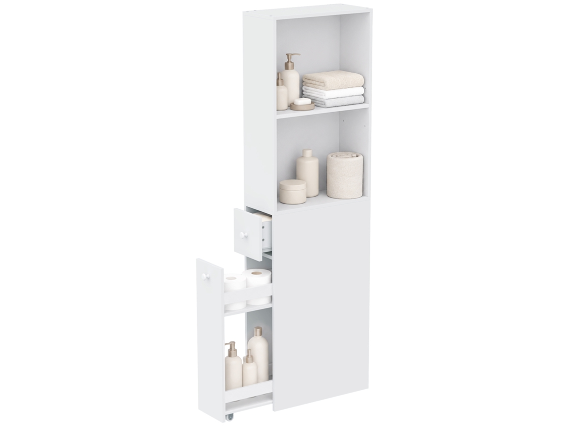 Slim Space-saving Bathroom Cabinet With Wheels And Drawer. White.