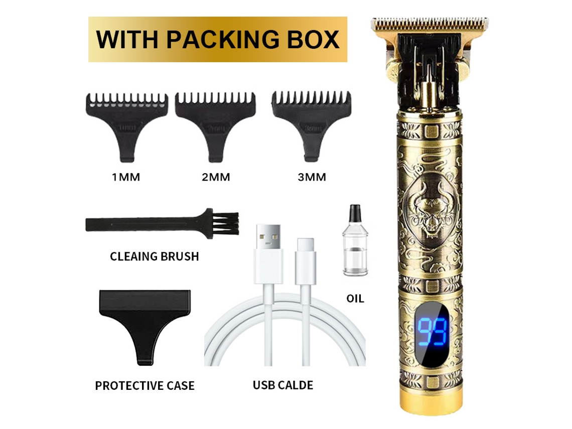 Aparador De Barba E Cabelo Com Design De Touro Em Relevo, Tela Lcd E Carregamento Usb - Kit Profissional Com 3 Pentes Guia E Caixa