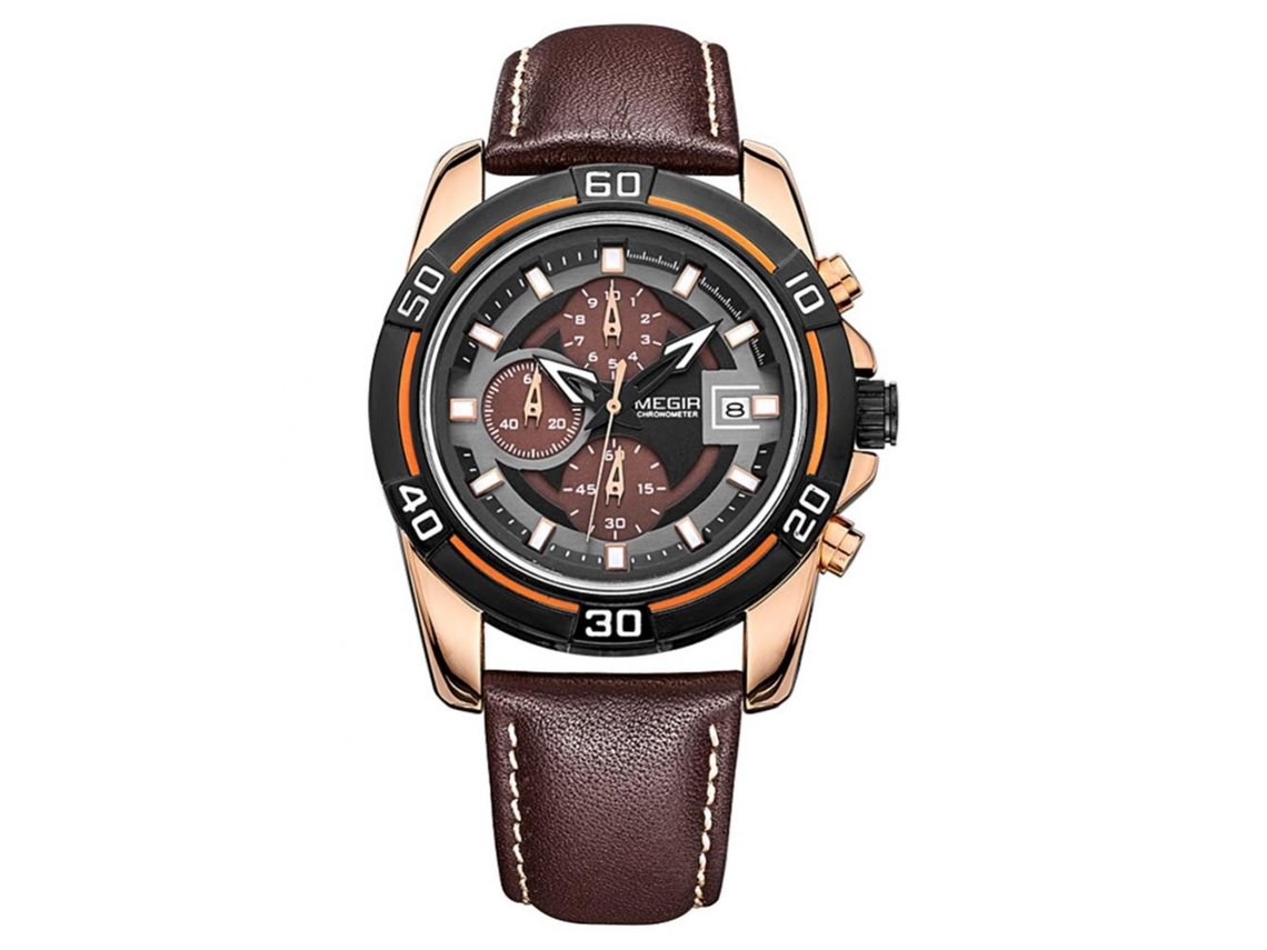 Reloj De Pulsera Megir Multifuncional De Moda Simple Cuarzo (caja Rosa, Esfera Negra, Correa Marrón)