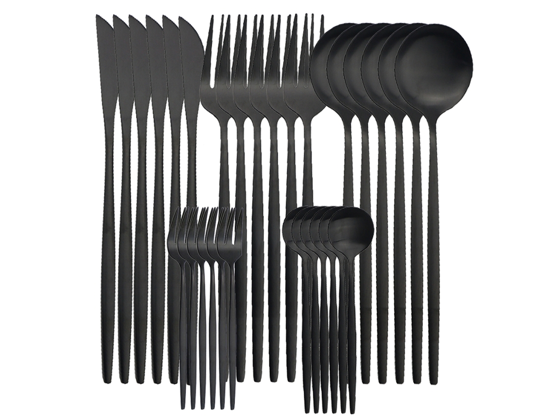 Conjunto de 30 Peças com Faca, Xícara e Colher em Aço Inoxidável Fosco MDUG (preto)