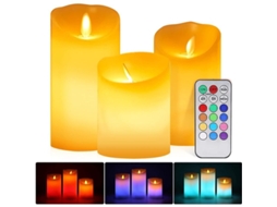 Velas Led Sin Llama 3 Pack Cera Real Luz Caliente + Rgb Parpadeo Eléctrico Control Remoto Temporizador Diferentes Tamaños Decoración
