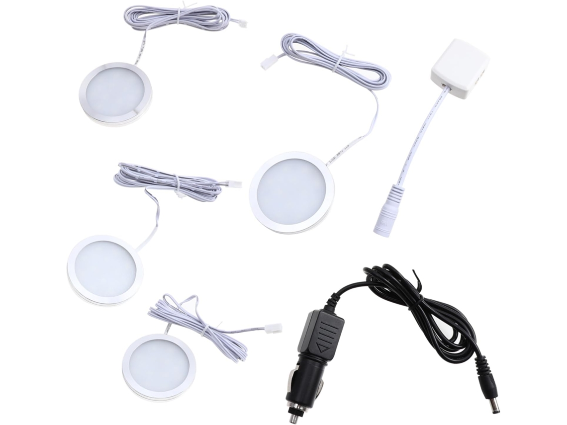 Conjunto de 4 lâmpadas LED de 12V para iluminação de teto de armários e cabines, com suportes, em alumínio.