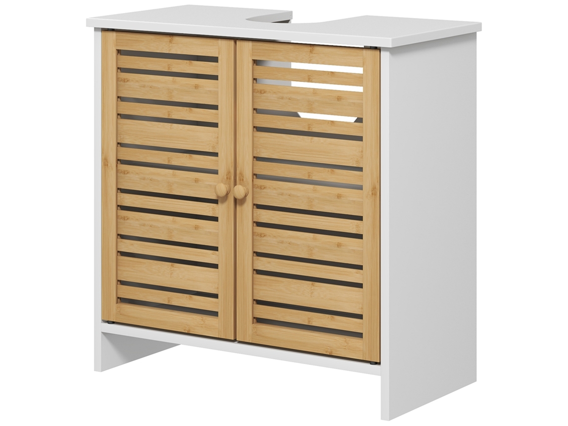 Móvel Para Lavatório Sob Moderno Com Portas Magnéticas De Bambu E Estante Ajustável 60x30x60 Cm Branco E Madeira