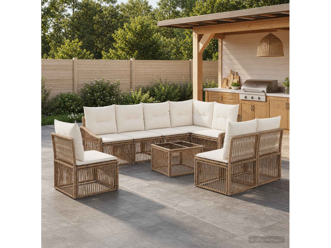 Vidaxl Conjunto De Sofá De Jardim 9 Unid. Bege Vime Pe