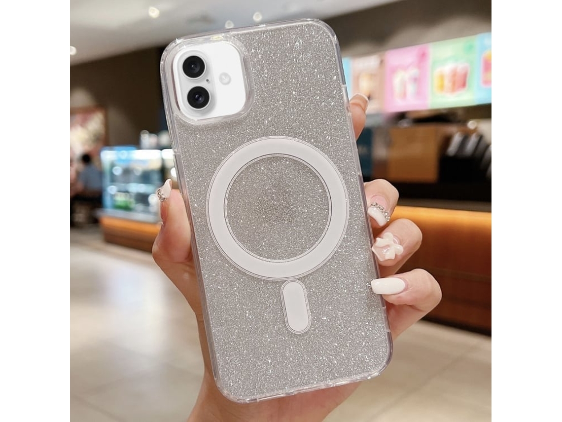 Capa Transparente Com Glitter Para Iphone 16 Plus - Acrílico - Magsafe - Prateada