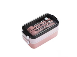 Lancheira de Dupla Camada, 1400ml, Portátil, Própria para Micro ondas, com Divisórias, Inclui Colher, Etc. MDUG (rosa)