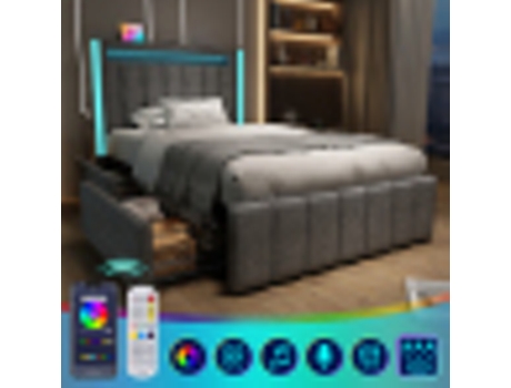 Cama De Casal Estofada Com Carregamento Usb Tipo C,90x200cm, Cinzento (colchão Não Incluído)