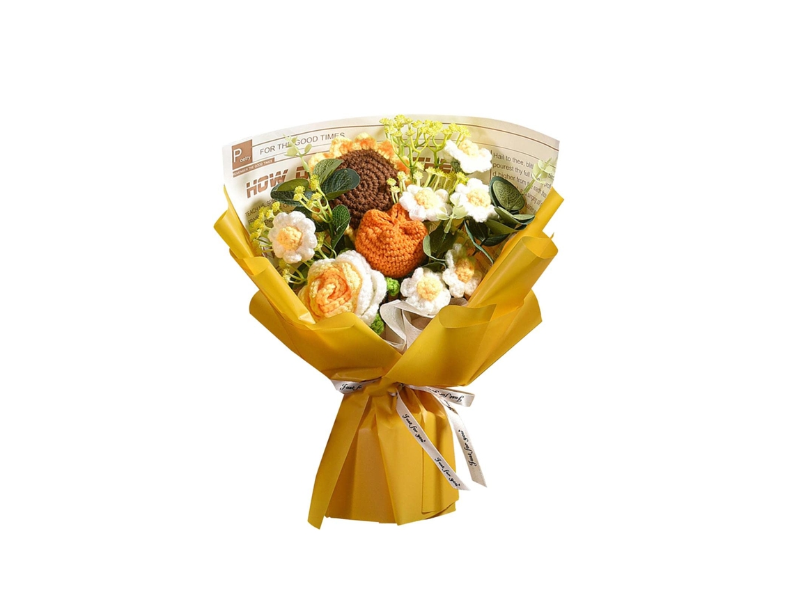 Buquê Artesanal de Crochê com Flores Artificiais, Rosa e Margarida, com o Tema "bênção Eterna" na Cor Amarela AQUAFORGE