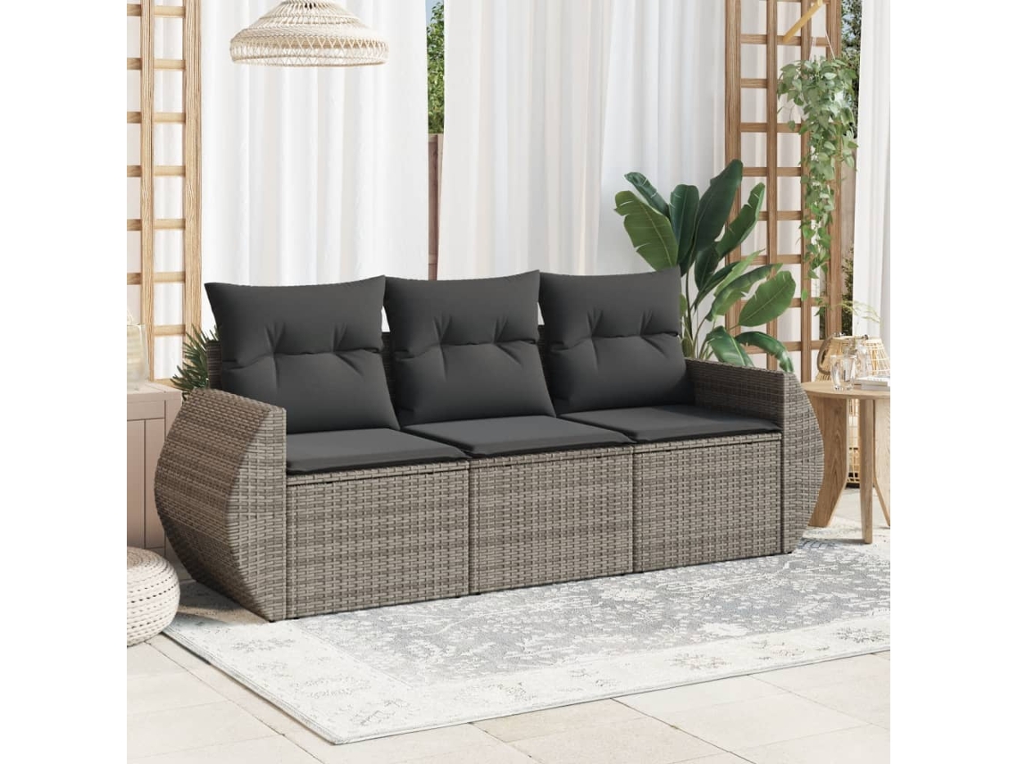 Vidaxl 3 Pcs Conjunto Sofás De Jardim C/ Almofadões Vime Pe Cinzento