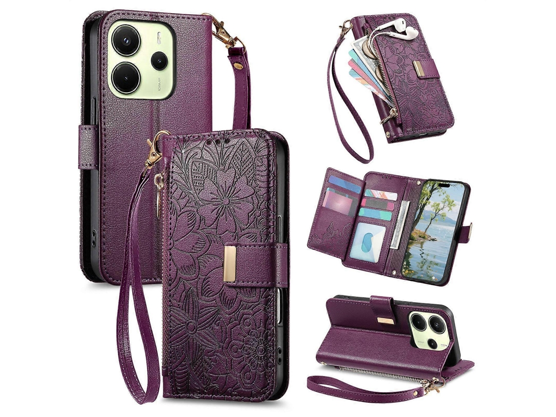 Capa Carteira De Couro Com Zíper, Estampa De Flores E Folhas, Com Alça, Para Redmi Note 12 Turbo.