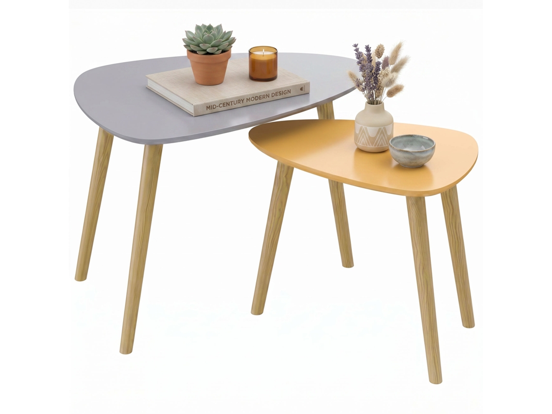 Conjunto De 2 Mesas De Centro Gigognes Design Escandinavo Com Tampo Triangular E Pés Em Madeira De Pinho Cinzento E Amarelo