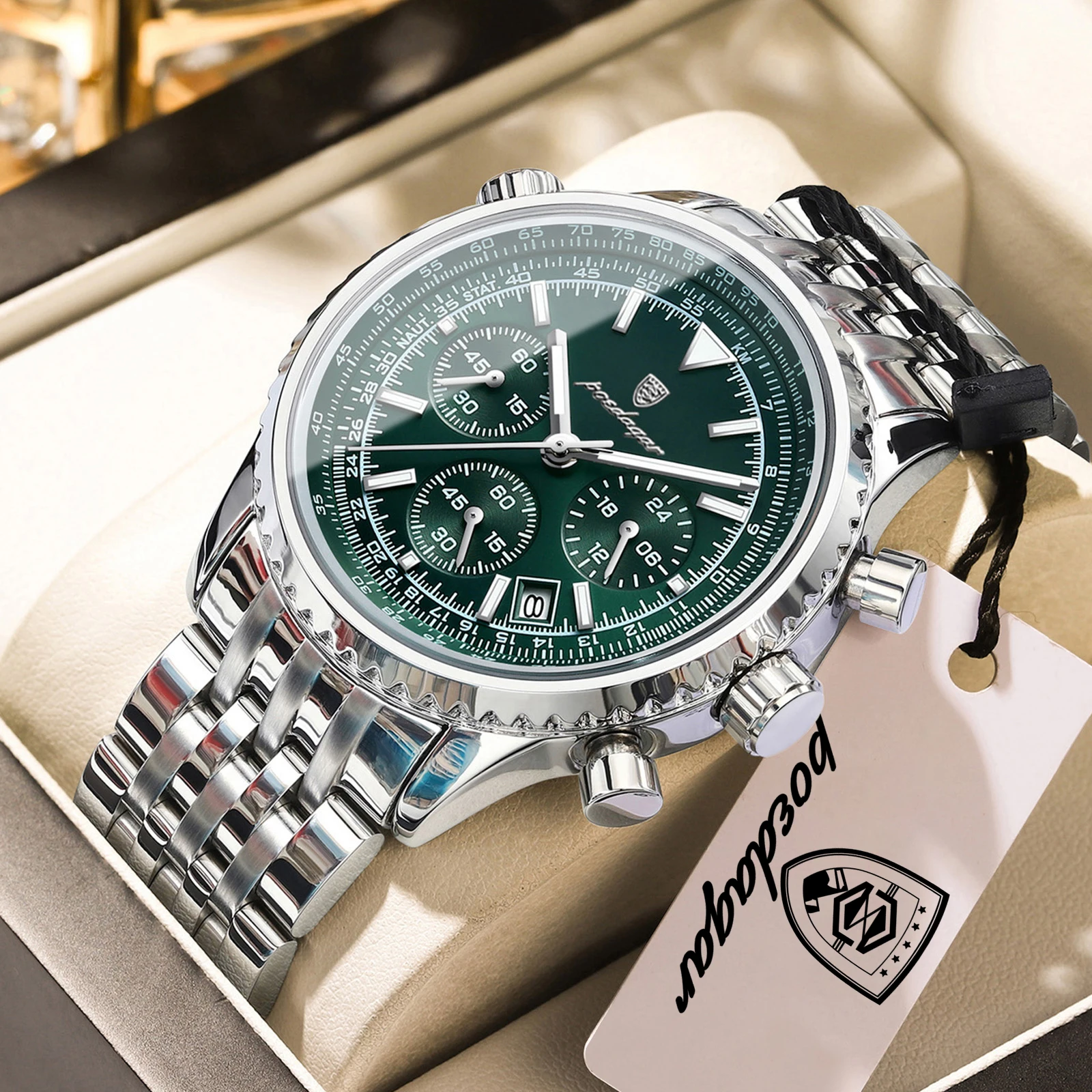 (verde Prateado) Relógio De Quartzo Masculino Elegante, Resistente À Água, Luminoso, Cronógrafo Com Data, Relógio De Pulso Masculino