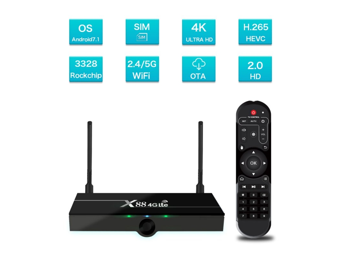 Box Smart Tv X88 4G Lte Android 9.0 2Gb Ram 16Gb Google Voice Assistant Rk3328 4K Quad Core com Cartão Sim