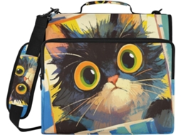 Carteira com estampa fofa de gatinho e cores vibrantes, 3 argolas com compartimentos extras, alça de ombro removível e alça transversal.