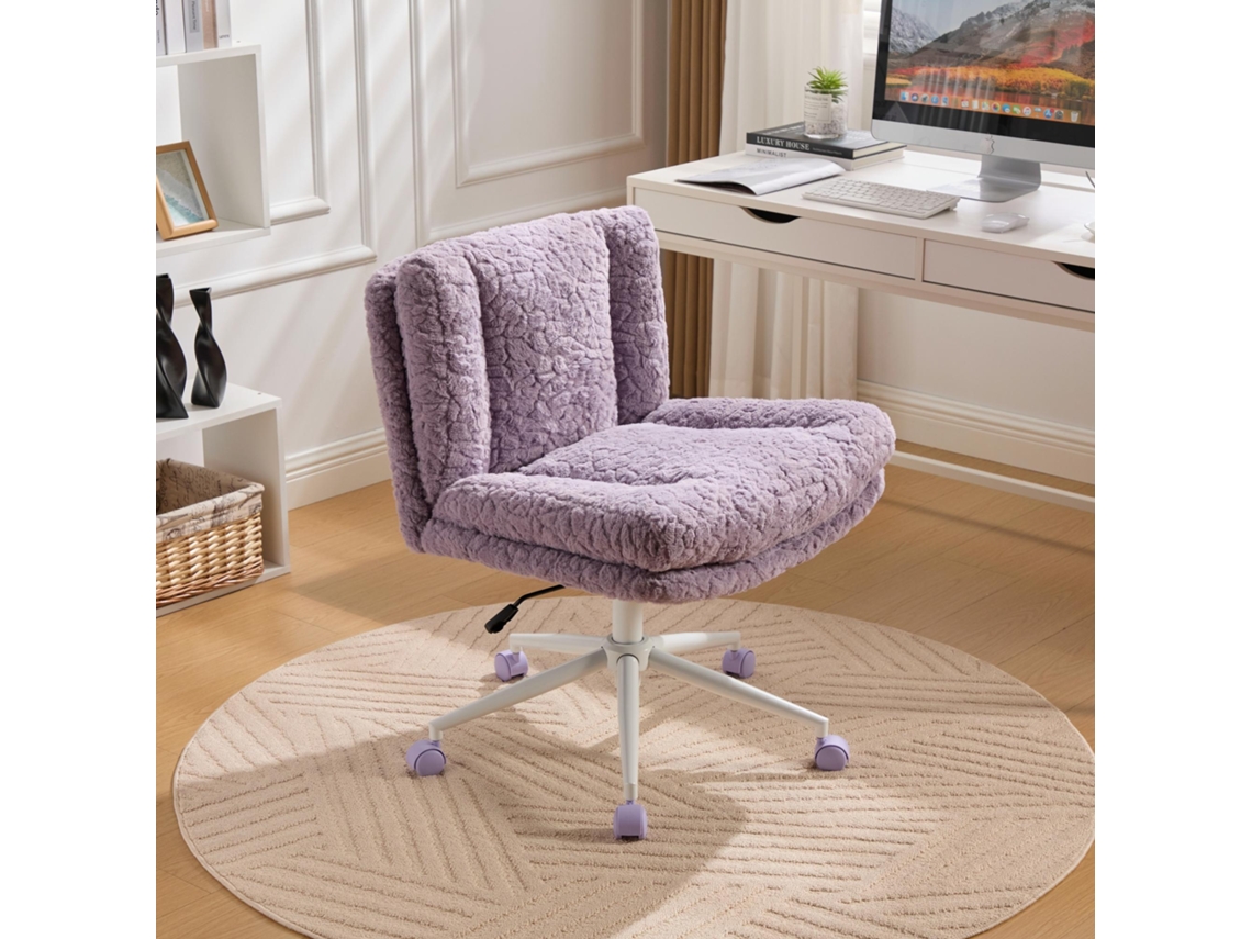 Cadeira De Escritório Com Assento Amplo 66cm Em Pelo Sintético De Coelho, Base Metálica Regulável Para Maquiagem, Violeta Ref.de1875vt