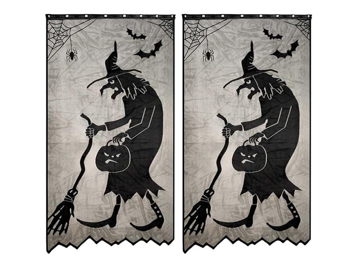 Cortina Porta Halloween Bruxa Renda Preta Pendente Malha 102x213cm Poliéster Pacote com 2