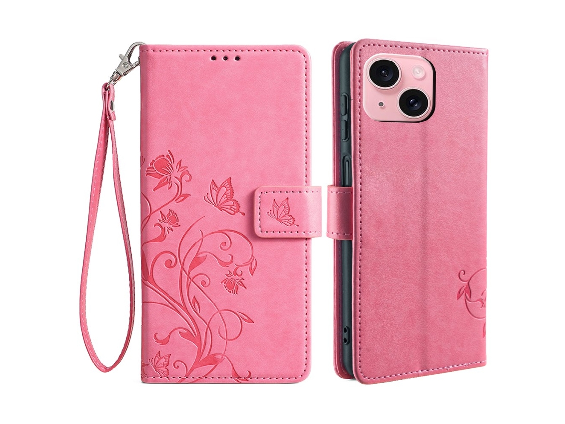 Capa Padrão Flor Borboleta Para Iphone 15 Pele Sintética Multicor