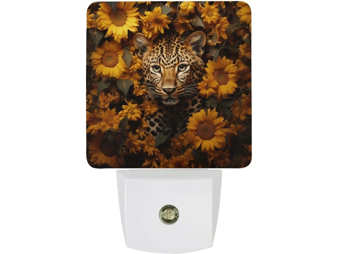Luminária de parede LED noturna com interruptor automático, estampa de leopardo e girassol com sensor de movimento, ideal para quem busca praticidade.