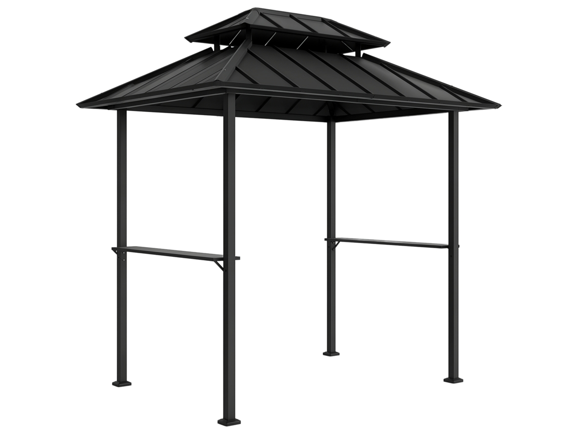 Gazebo Para Churrasco, Abrigo Rígido Para Com Teto Duplo, 2 Prateleiras E Gancho Superior, 244x184x258cm, Preto