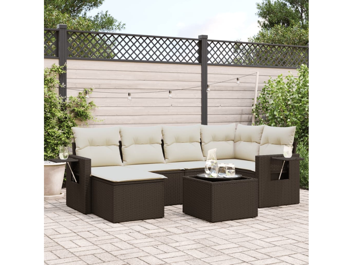 Vidaxl 7 Pcs Conjunto De Sofás Jardim C/ Almofadões Vime Pe Castanho