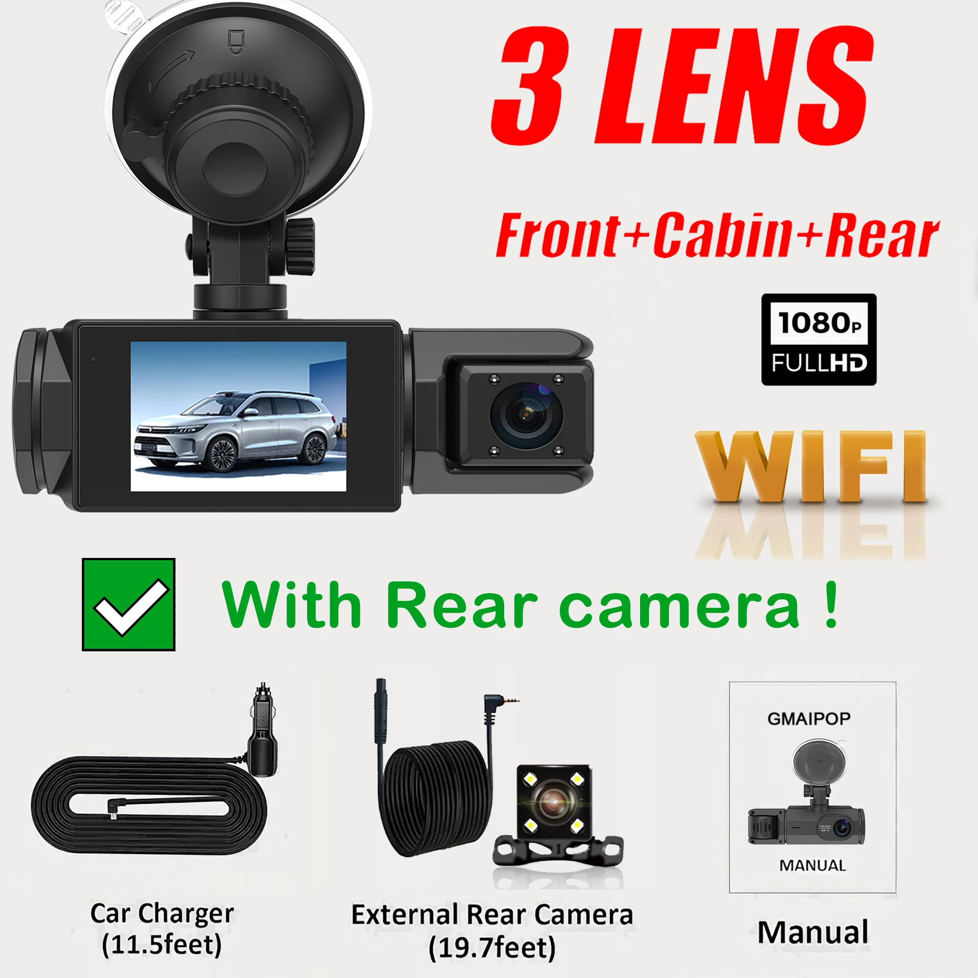 Câmera Veicular Wifi Hd 1080p , Gravação Dupla Frontal e Traseira, com Visão Noturna Infravermelha. MDUG (lente Tripla com Cartão Sd de 32 Gb)