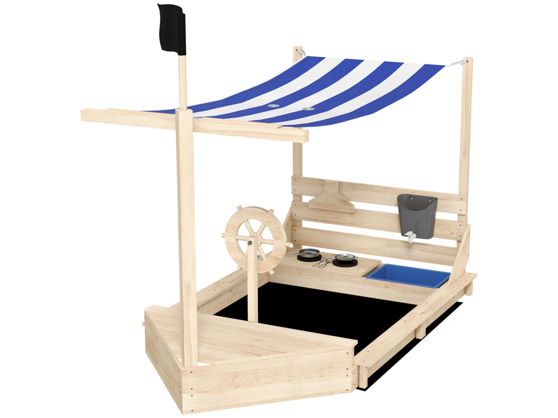 Caixa de Areia Navio Pirata Madeira Maciça (conjunto Recreação, Natural+azul, 180x103x144,5cm)