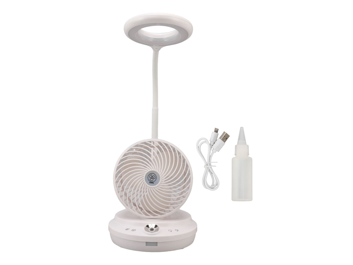 Lâmpada de Mesa com Ventilador e Umidificador 3 em 1 Ajustável Brilho Vento Ângulo 100ml Branco