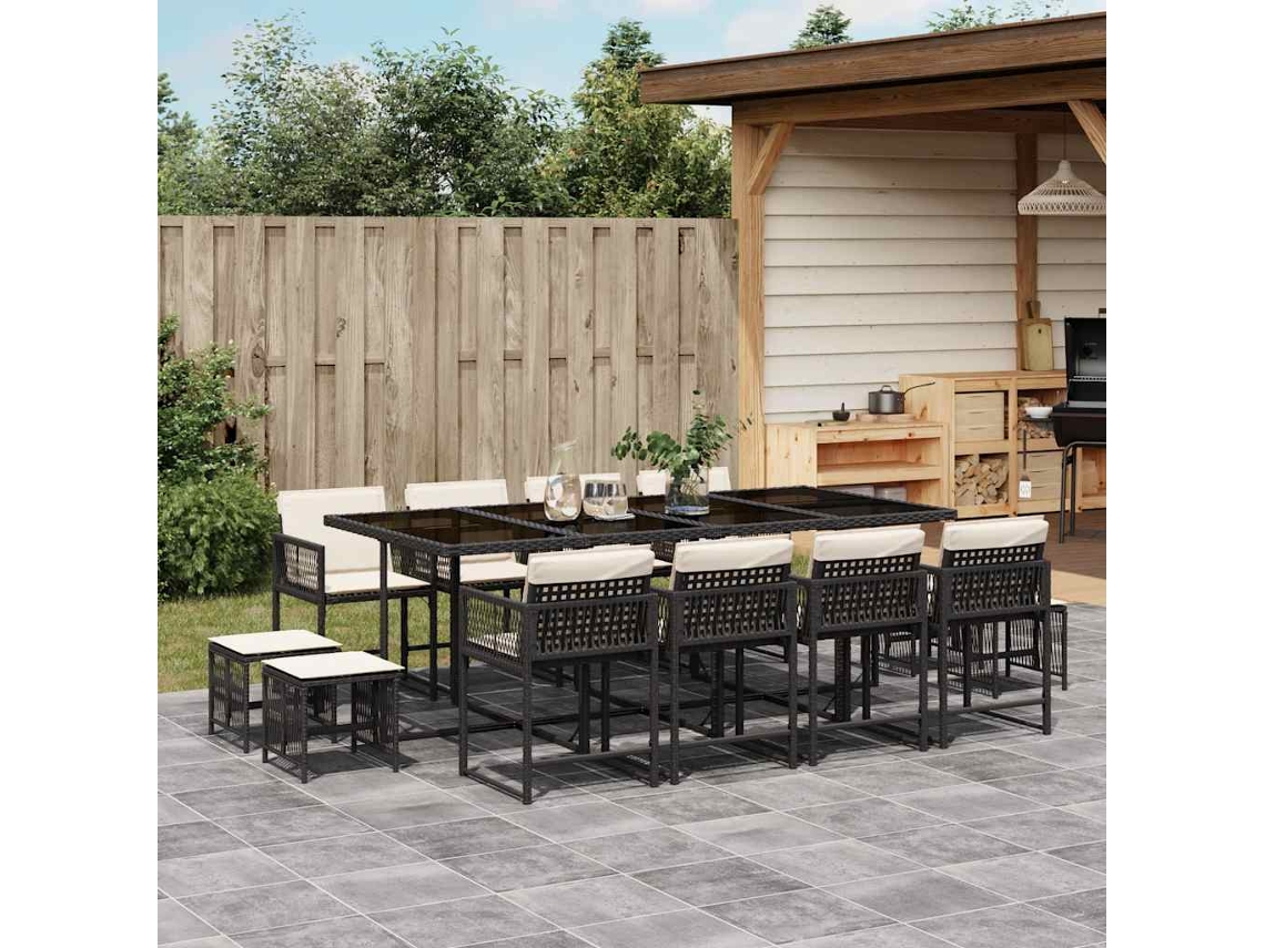Vidaxl 13 Pcs Conjunto De Jantar P/jardim Com Almofadões Vime Pe Preto