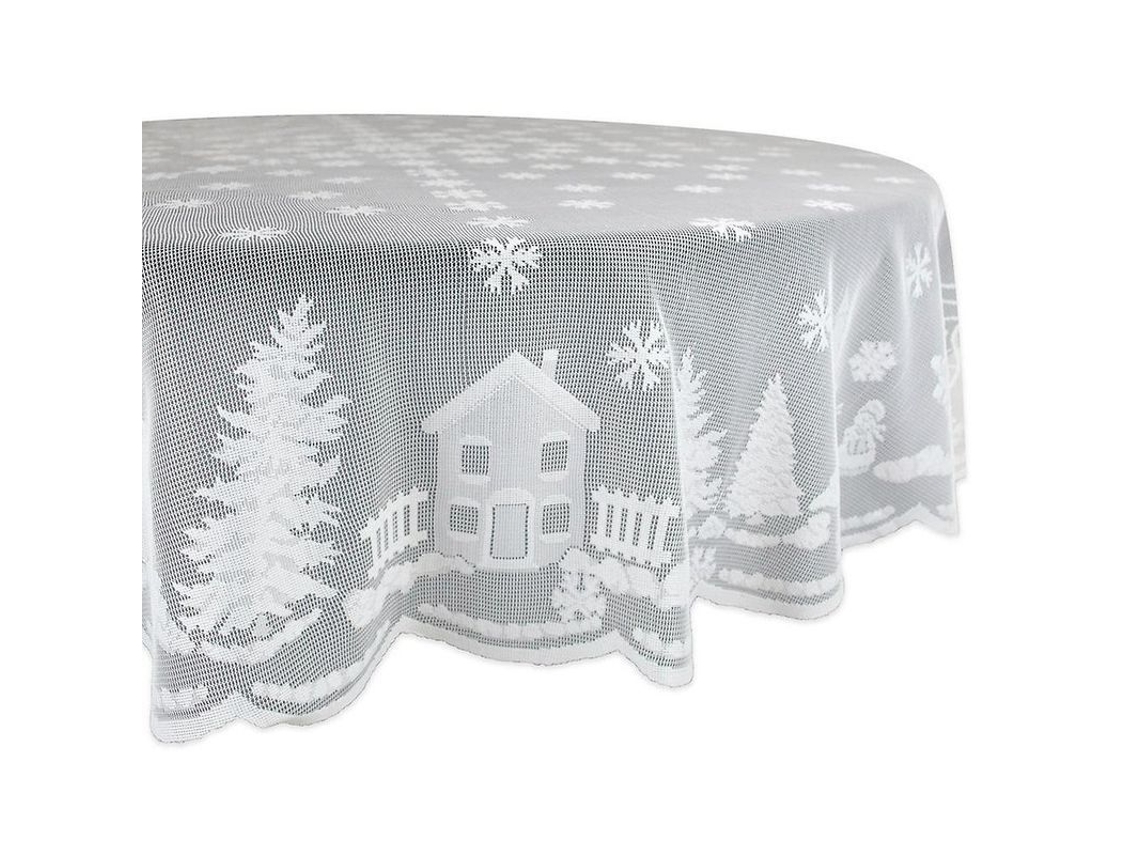 2026 mantel Redondo Navideño Linjou de Poliéster 178x178cm com Motivos de Reno e Flocos de Neve