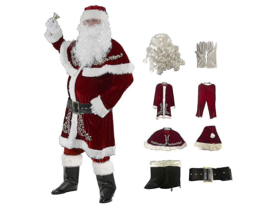 Conjunto De Traje De Papai Noel Para Homem 8 Peças De Veludo Deluxe Natal Inclui Chapéu, Barba E Acessórios