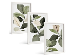 Conjunto De Pinturas Planta Boho Pintada Folhas Moldura Branca Quadros Para O Escritório Espelharte (3 Piezas De 40x60 Cm)