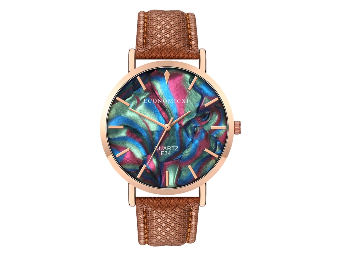 Relógio de Pulso Unisex de Quartzo Casual com Pulseira Pu Mostrador Redondo Preto Marrom