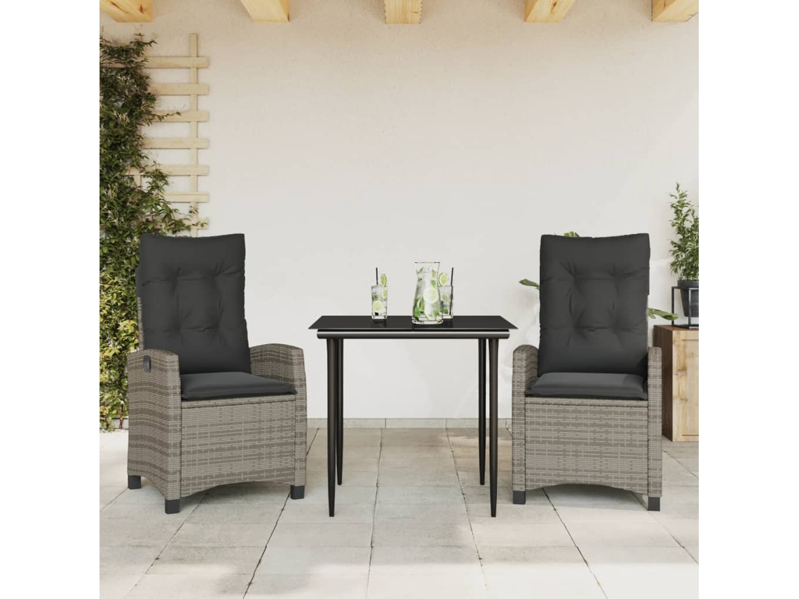 Vidaxl 3 Pcs Conjunto De Jantar P/ Jardim C/ Almofadões Vime Pe Cinza