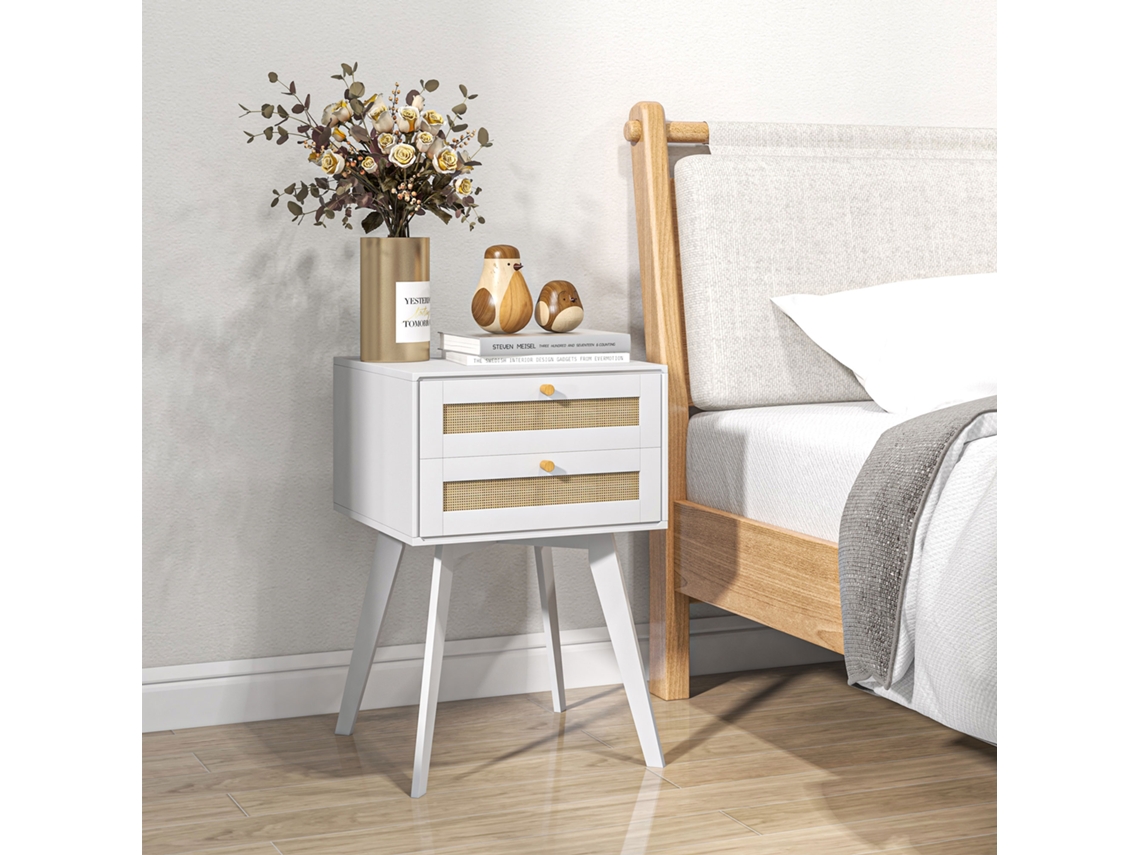 Mesa Lateral Pequena Estilo Cannage Branca Com 2 Gavetas, Criado-mudo De 40x40x60 Cm