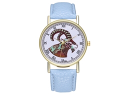 Relógio de quartzo unissex com pulseira de couro PU e mostrador moderno azul claro com textura de cabra.