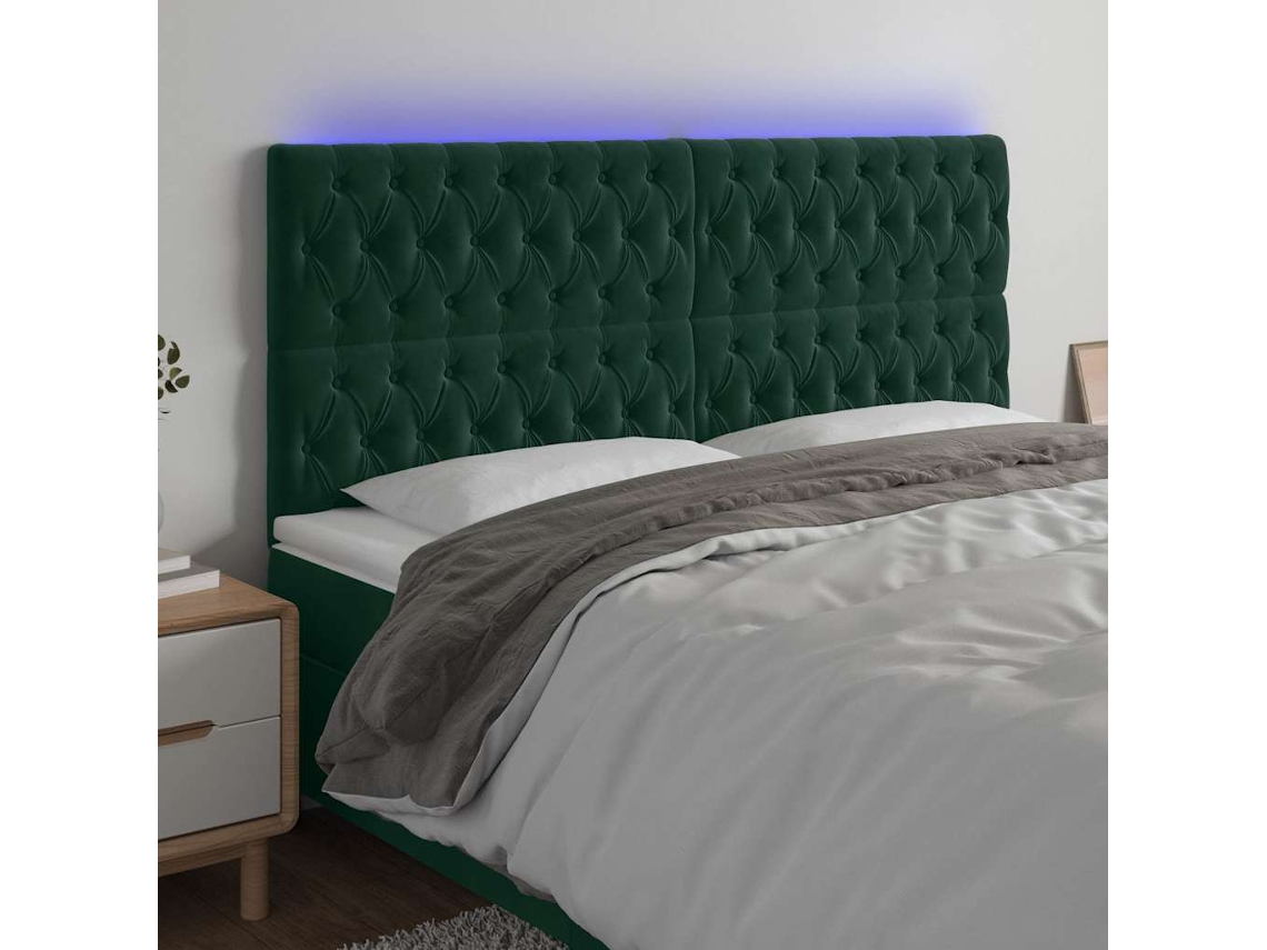 Vidaxl Cabeceira De Cama C/ Led Veludo 200x7x118/128 Cm Verde-escuro