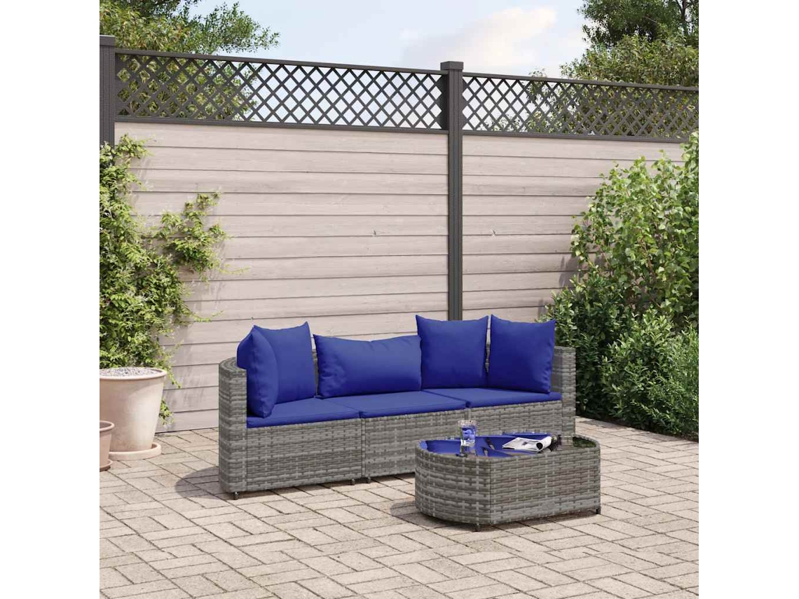 4 Pcs Conjunto Sofás De Jardim C/ Almofadões Vime Pe Cinza Dkd Home Decor