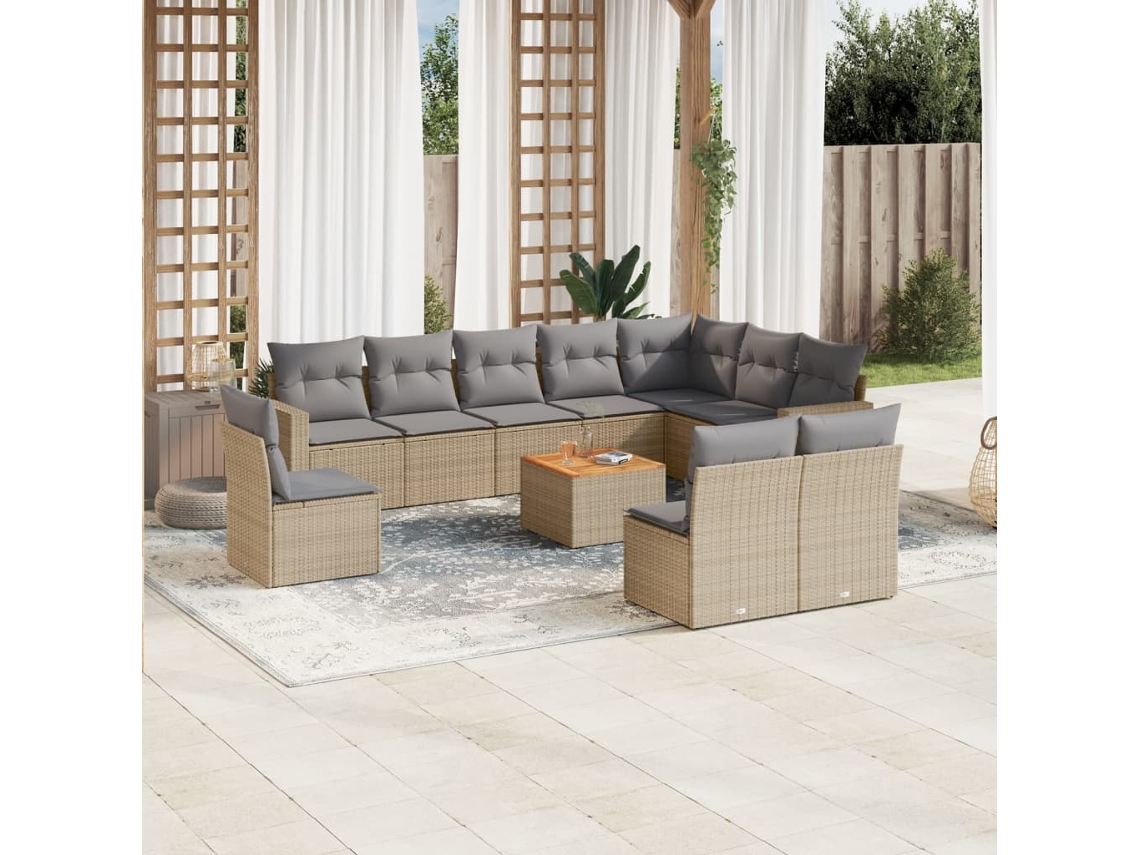 Conjunto 11 Peças Sofás Jardim C/ Almofadões Vime Pe Bege Misturado Dkd Home Decor