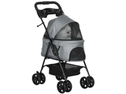 Carrinho de cão dobrável, com janela de tela, teto removível, porta copos, estrutura metálica, 67x45x96 Cm, cinza | S/MARCA