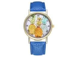Relógio de pulso unissex de quartzo com pulseira de PU e estampa de abacaxi, mostrador redondo azul royal.