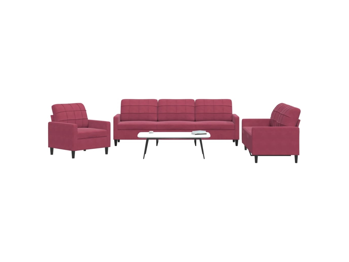 Vidaxl 3 Pcs Conjunto De Sofás Com Almofadões Veludo Vermelho Tinto