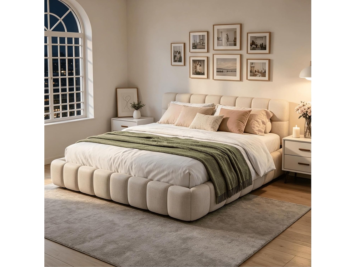Cama Estofada 160 X 200 Cm, Cama Plana Com Encosto E Rebordo Almofadados, Estrutura De Ripas, Linho, Sem Colchão