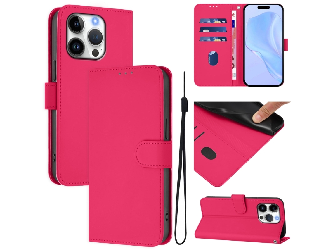 Capa De Couro Sintético Para Iphone 16 Pro - Toque Suave - Cor Sólida - Com Cordão