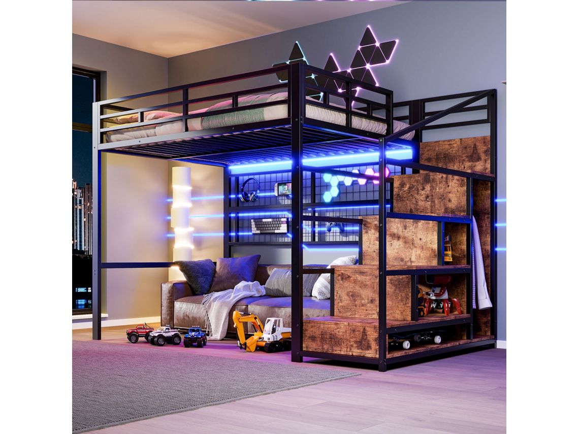Beliche Loft 140x200cm Preto, Metal, Escada Com Nichos, Grade Para Pendurar, Espaço Livre Embaixo, Led Colorido, Sem Colchão